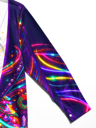 Adaychic Men's Long Sleeve Shirt - Neon Christmas Tree With Ornaments And Wreaths Print with Chest Pocket