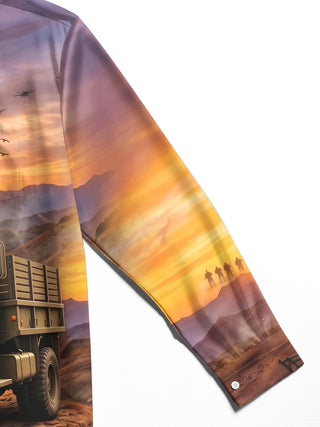 Adaychic Men's Military Truck And Battlefield Sunset Print Long Sleeve Shirt with Chest Pocket