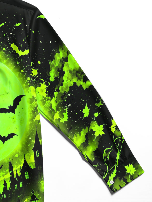 Adaychic Men's Graphic Halloween Black Cat And Pumpkins Print Long Sleeve Shirt with Chest Pocket