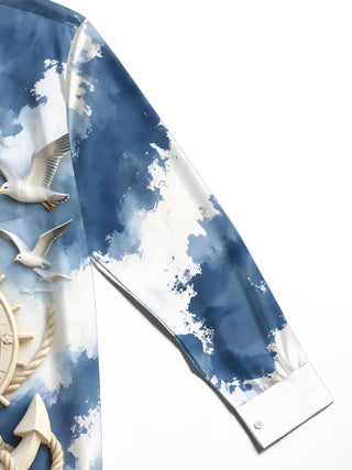 Adaychic Men's Graphic Nautical Anchor And Ship Wheel Print Long Sleeve Shirt with Chest Pocket