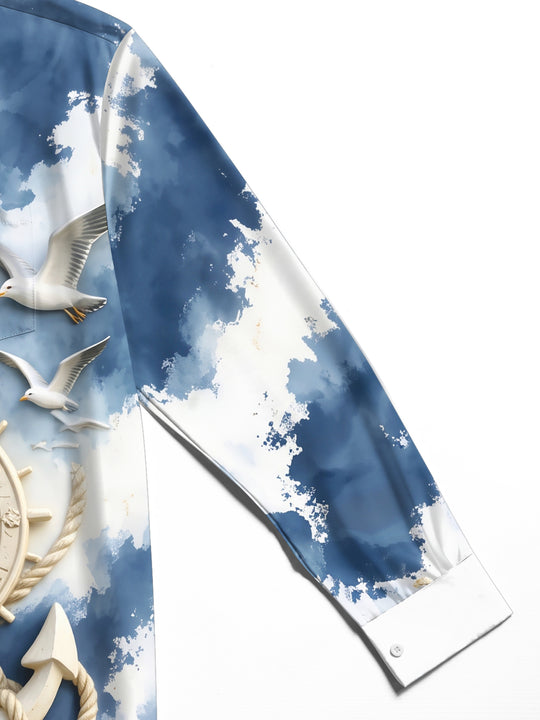 Adaychic Men's Graphic Nautical Anchor And Ship Wheel Print Long Sleeve Shirt with Chest Pocket
