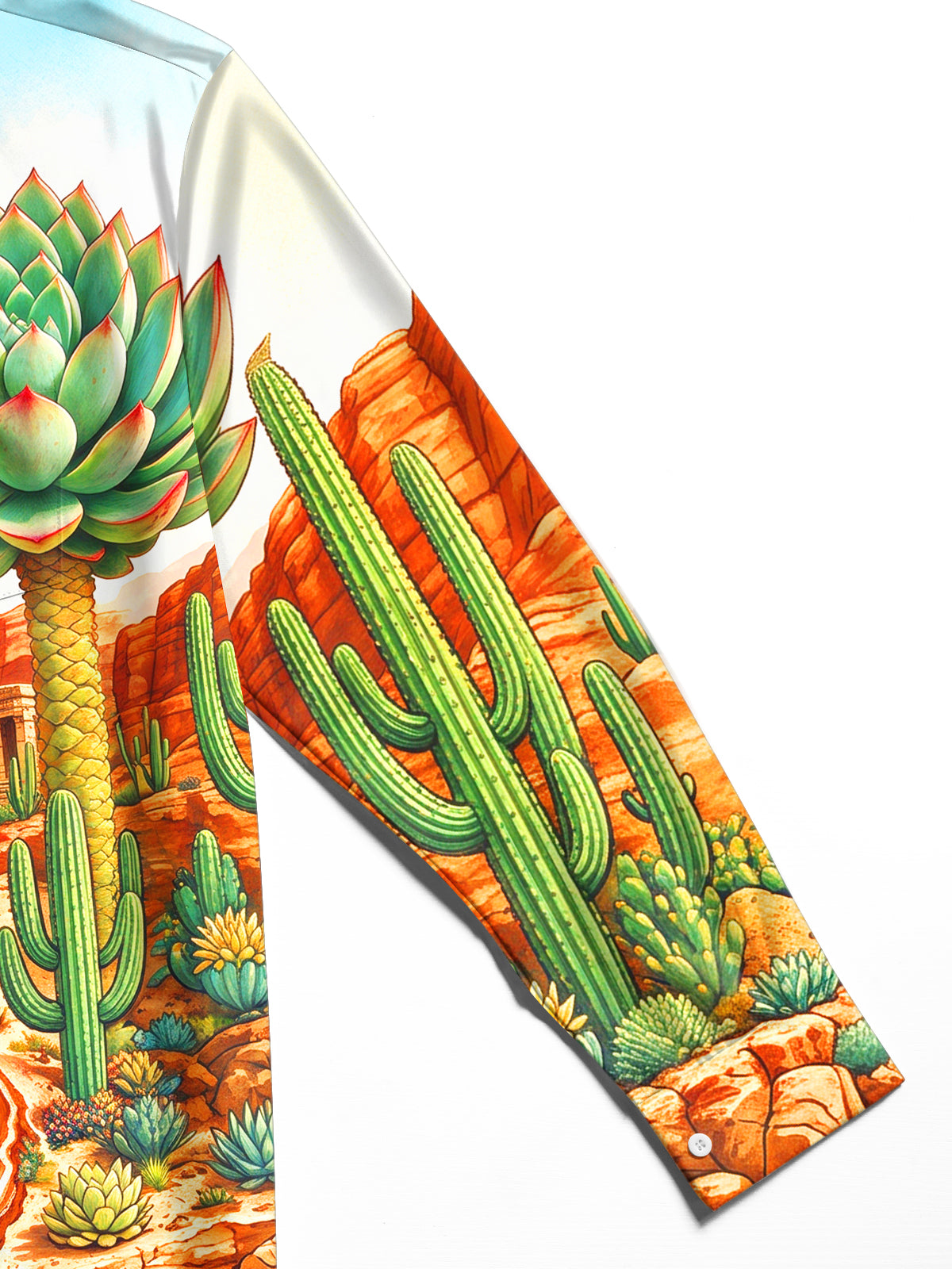 Adaychic Men's Long Sleeve Shirt - Desert Oasis Landscape With Cacti And Fish Print with Chest Pocket