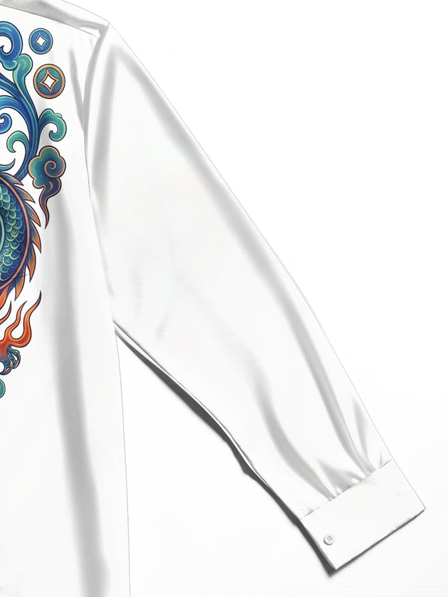 Adaychic Men's Graphic Dragon And Phoenix Print Long Sleeve Shirt with Chest Pocket