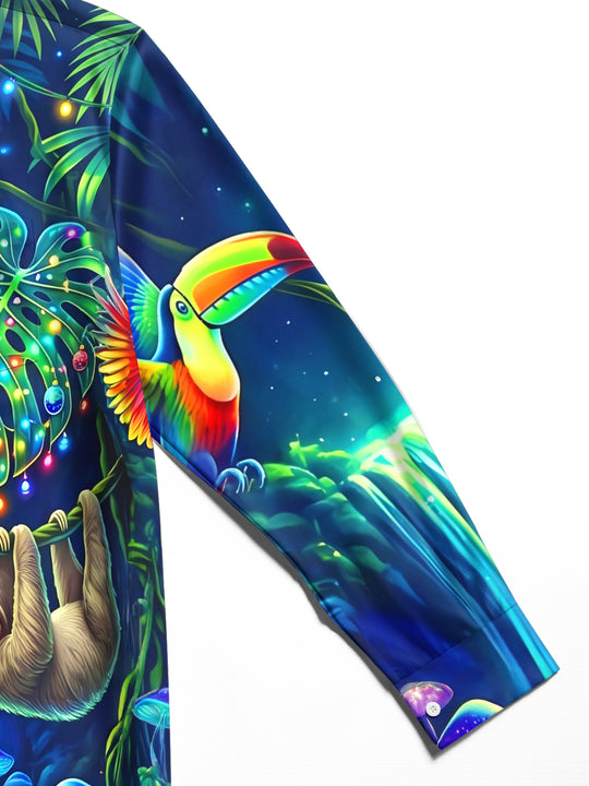Adaychic Men's Graphic Christmas Sloth And Toucans Print Long Sleeve Shirt with Chest Pocket