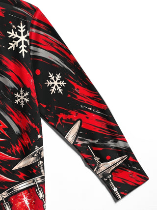 Adaychic Men's Graphic Christmas Tree And Drum Set Print Long Sleeve Shirt with Chest Pocket