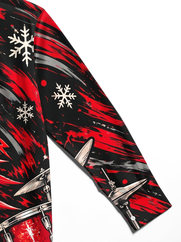 Adaychic Men's Graphic Christmas Tree And Drum Set Print Long Sleeve Shirt with Chest Pocket