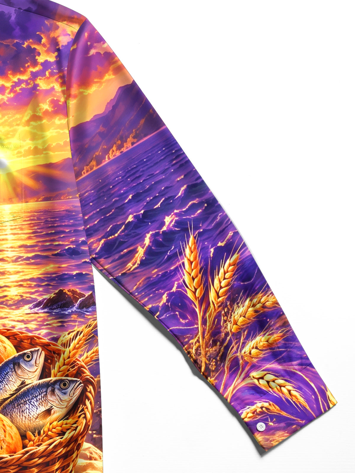 Adaychic Men's Basket Of Bread And Fish With Wheat Print Long Sleeve Shirt with Chest Pocket
