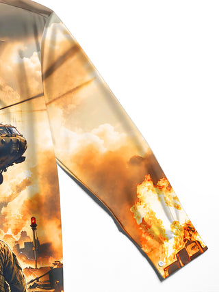 Adaychic Men's Printed Military Soldiers And Helicopter Print Long Sleeve Shirt with Chest Pocket