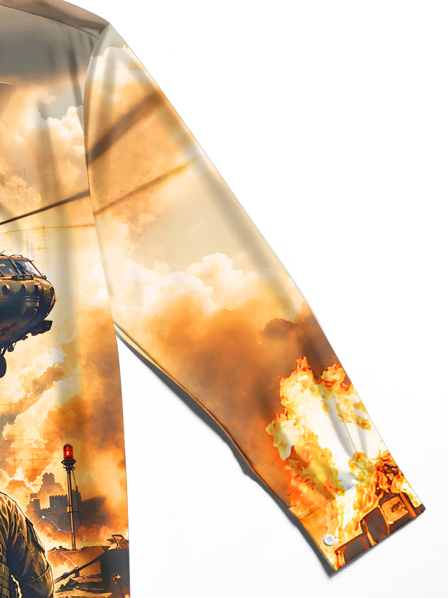 Adaychic Men's Printed Military Soldiers And Helicopter Print Long Sleeve Shirt with Chest Pocket