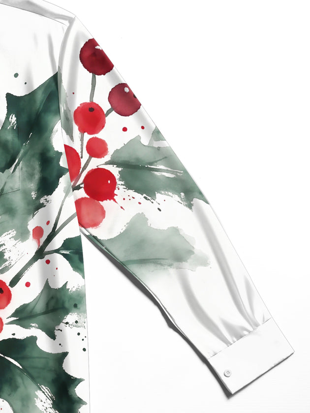 Adaychic Men's Christmas Holly Leaves And Red Berries Print Long Sleeve Shirt with Chest Pocket