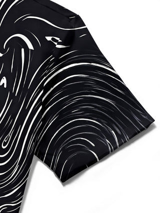 Adaychic Men's Abstract Swirling Black And White Lines Print Short Sleeve Shirt with Chest Pocket