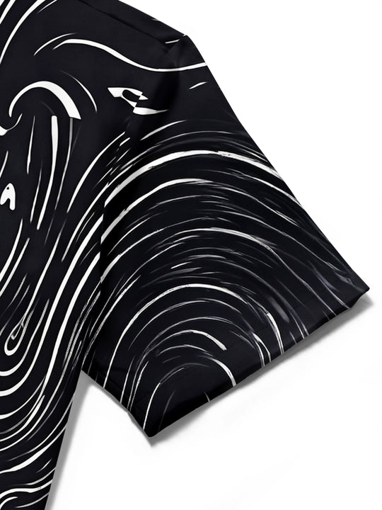 Adaychic Men's Abstract Swirling Black And White Lines Print Short Sleeve Shirt with Chest Pocket