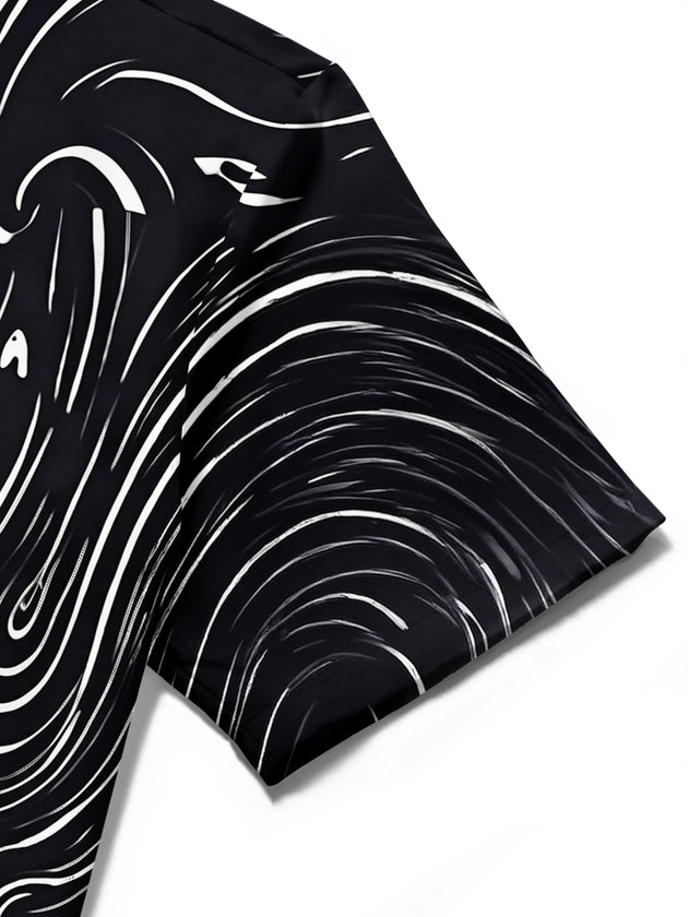 Adaychic Men's Abstract Swirling Black And White Lines Print Short Sleeve Shirt with Chest Pocket