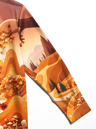 Adaychic Men's Long Sleeve Shirt - Autumn Mountain Landscape With Foxes And Trees Print with Chest Pocket