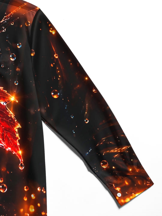 Adaychic Men's Printed Maple Leaf And Water Droplets Print Long Sleeve Shirt with Chest Pocket