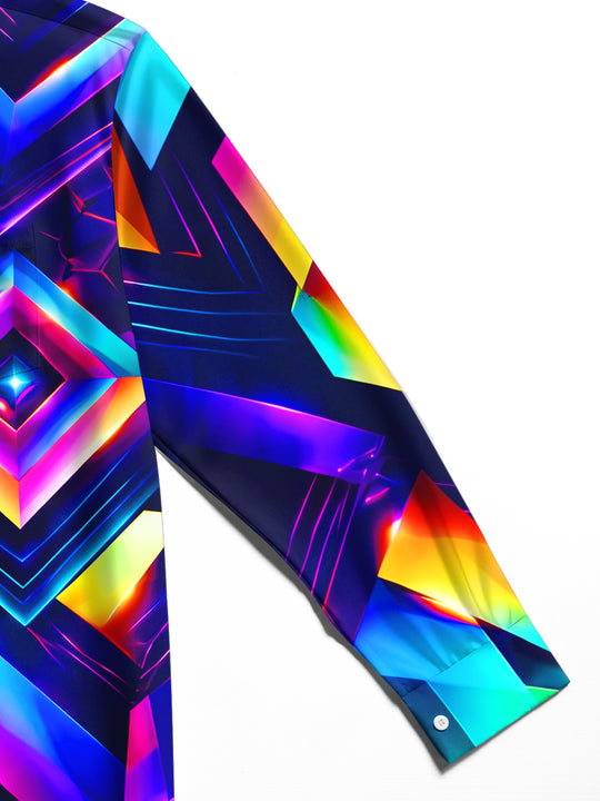 Adaychic Men's Graphic Neon 3D Geometric Diamond Pattern Long Sleeve Shirt with Chest Pocket