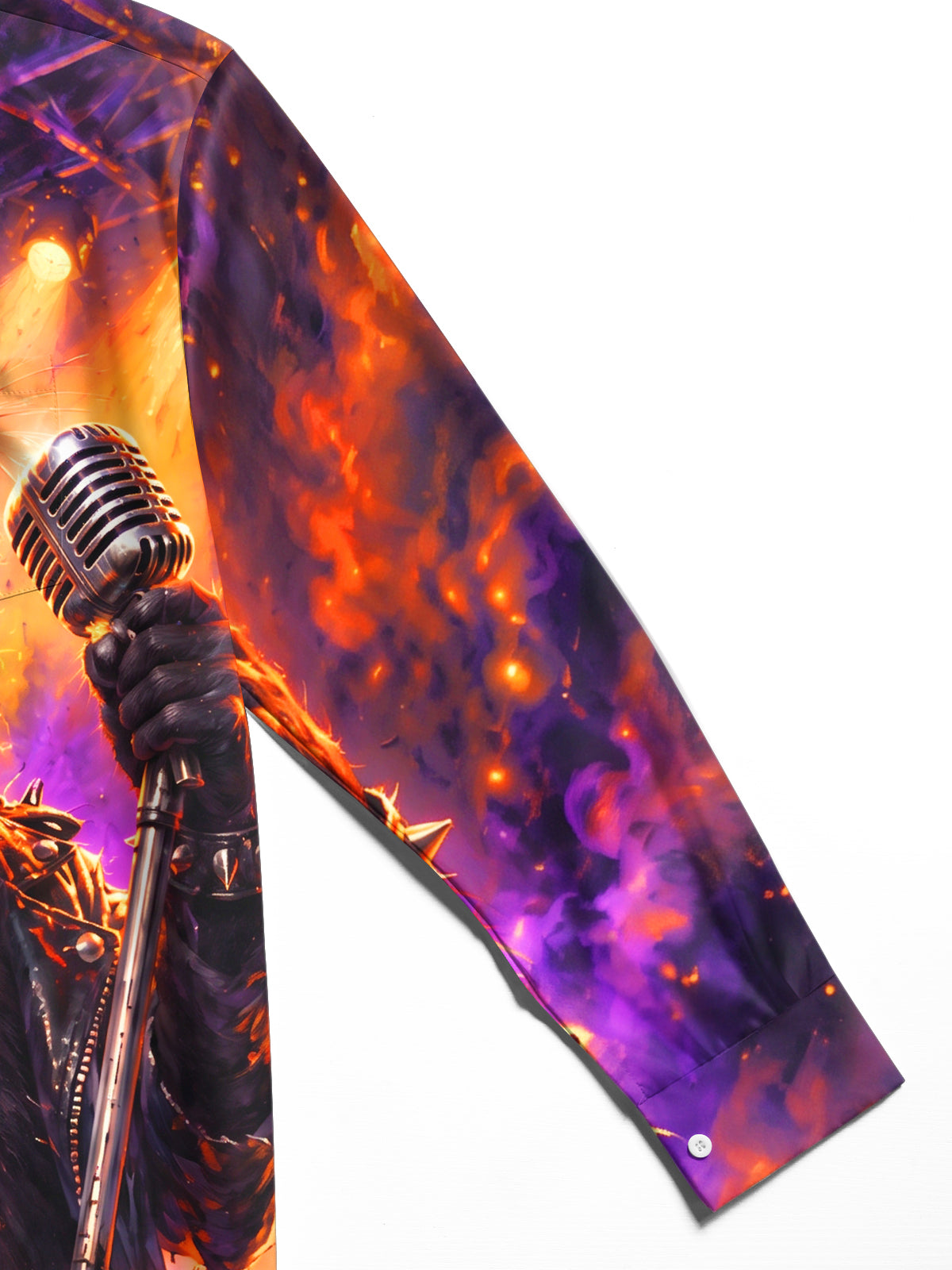 Adaychic Men's Long Sleeve Shirt - Rock Black Cat With Microphone And Leather Jacket Print with Chest Pocket