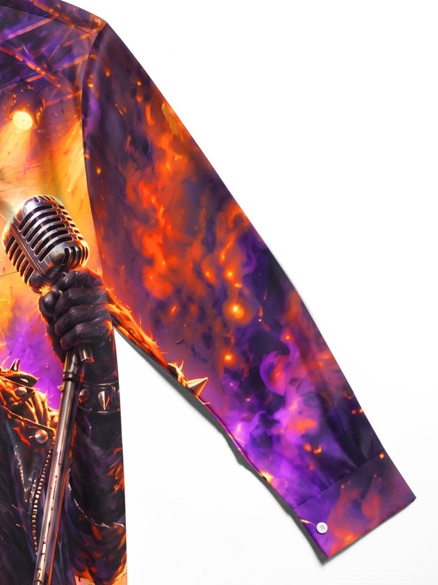 Adaychic Men's Long Sleeve Shirt - Rock Black Cat With Microphone And Leather Jacket Print with Chest Pocket