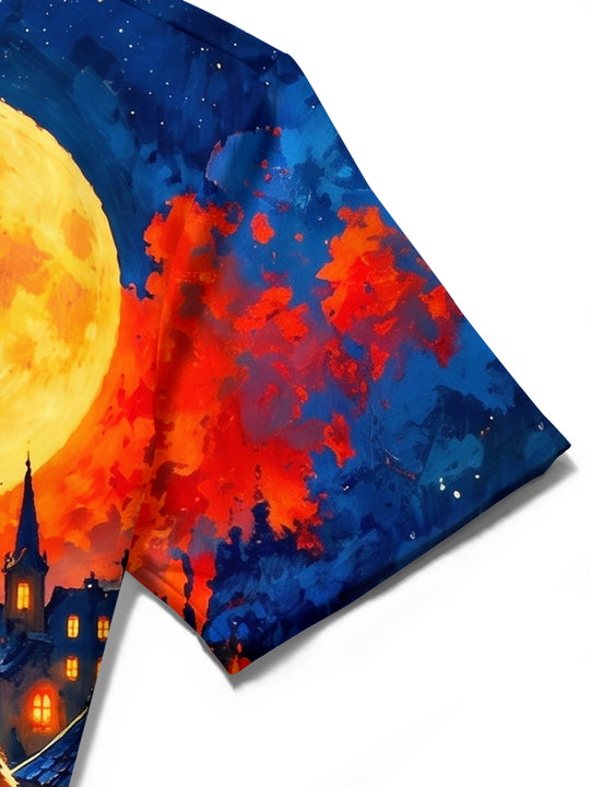 Adaychic Men's Short Sleeve Shirt - Cats On Wall With Moon And Autumn Leaves Print with Chest Pocket