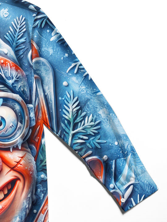 Adaychic Men's Long Sleeve Shirt - Funny Cartoon Santa Claus With Ski Goggles And Skis Print with Chest Pocket
