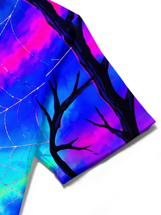 Adaychic Men's Hawaiian Spider And Spider Web Print Short Sleeve Shirt with Chest Pocket