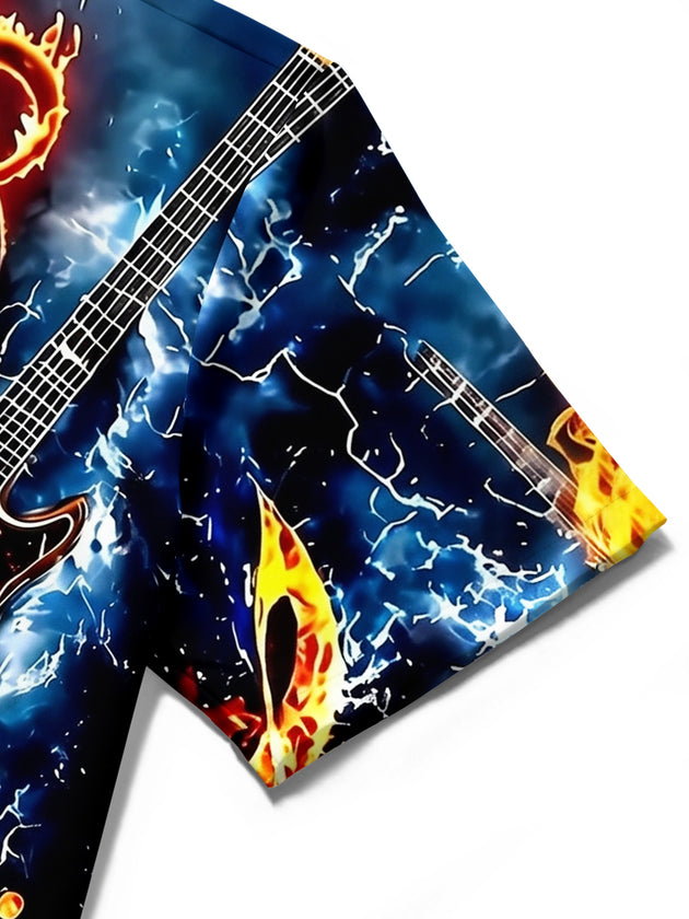 Adaychic Men's Hawaiian Electric Guitar Fire Print Short Sleeve Shirt with Chest Pocket
