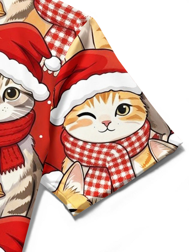 Adaychic Christmas Cat Cartoon Men's Pocket Short Sleeve Shirts