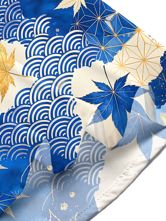 Adaychic Men's Hawaiian Blue And Gold Maple Leaf Print Short Sleeve Shirt with Chest Pocket