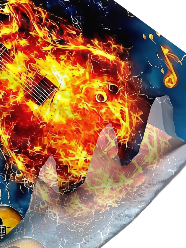 Adaychic Men's Hawaiian Electric Guitar Fire Print Short Sleeve Shirt with Chest Pocket