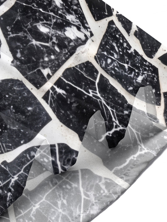 Adaychic Men's Patterned Black And White Marble Crack Print Short Sleeve Shirt with Chest Pocket