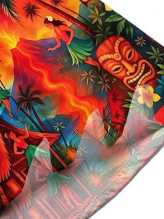 Adaychic Men's Hawaiian Floral Tiki Mask Hula Dancer Volcano Print Short Sleeve Button Down Shirt with Chest Pocket