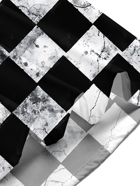 Adaychic Men's Patterned Black And White Checkerboard Print Short Sleeve Shirt with Chest Pocket
