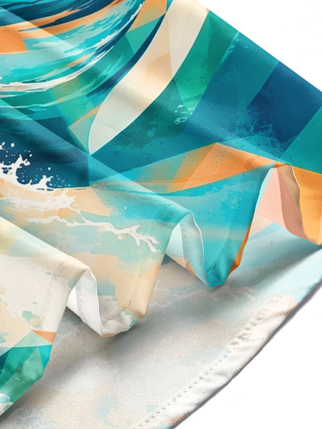 Adaychic Men's Hawaiian Geometric Watercolor Waves Print Long Sleeve Shirt with Chest Pocket