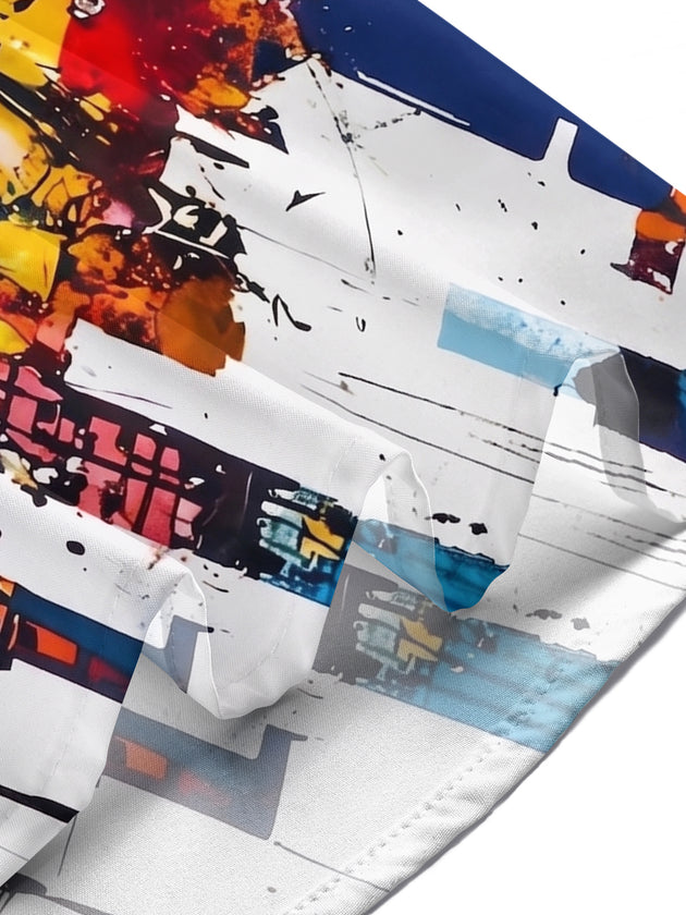 Adaychic Men's White Blue Graphic Abstract Paint Splatter Print Short Sleeve Button Down Shirt with Chest Pocket