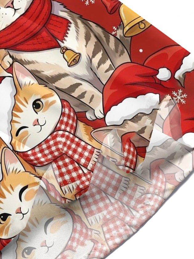 Adaychic Christmas Cat Cartoon Men's Pocket Short Sleeve Shirts