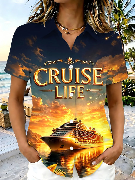 Adaychic Cruise Ship Sunset Graphic Print Matching Couple Short Sleeve Button Down Shirts