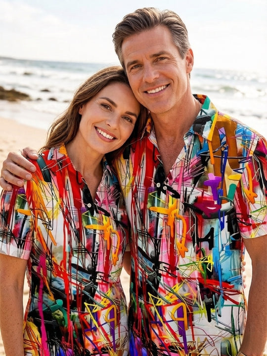 Matching couples tie dye abstract print short sleeve shirt front view
