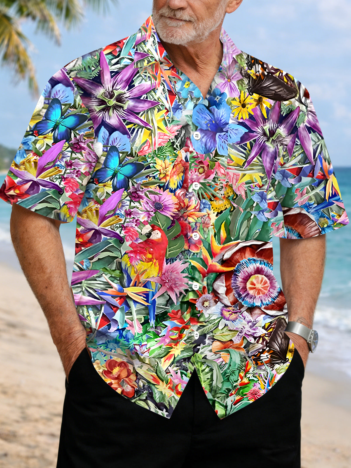 men's Hawaiian shirt front view tropical beach vacation