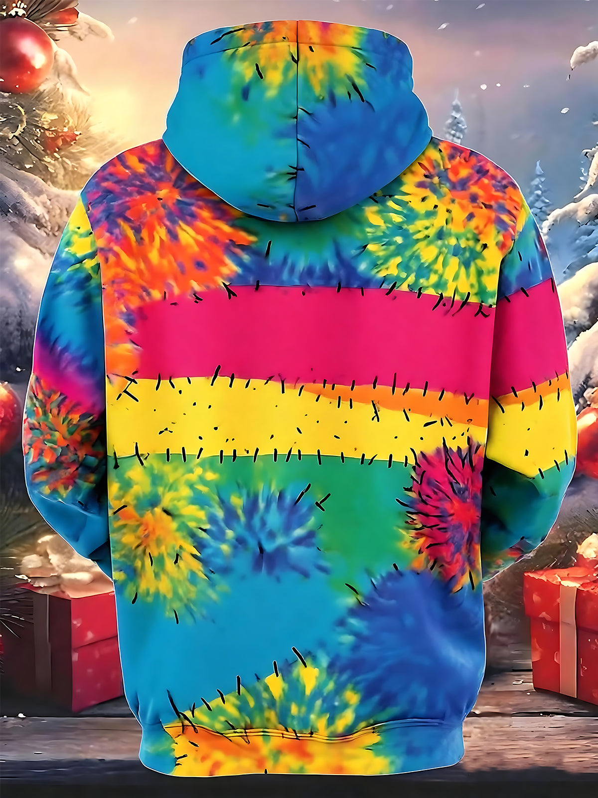 Adaychic Men's Striped Rainbow Tie Dye Print Long Sleeve Hoodie with Chest Pocket