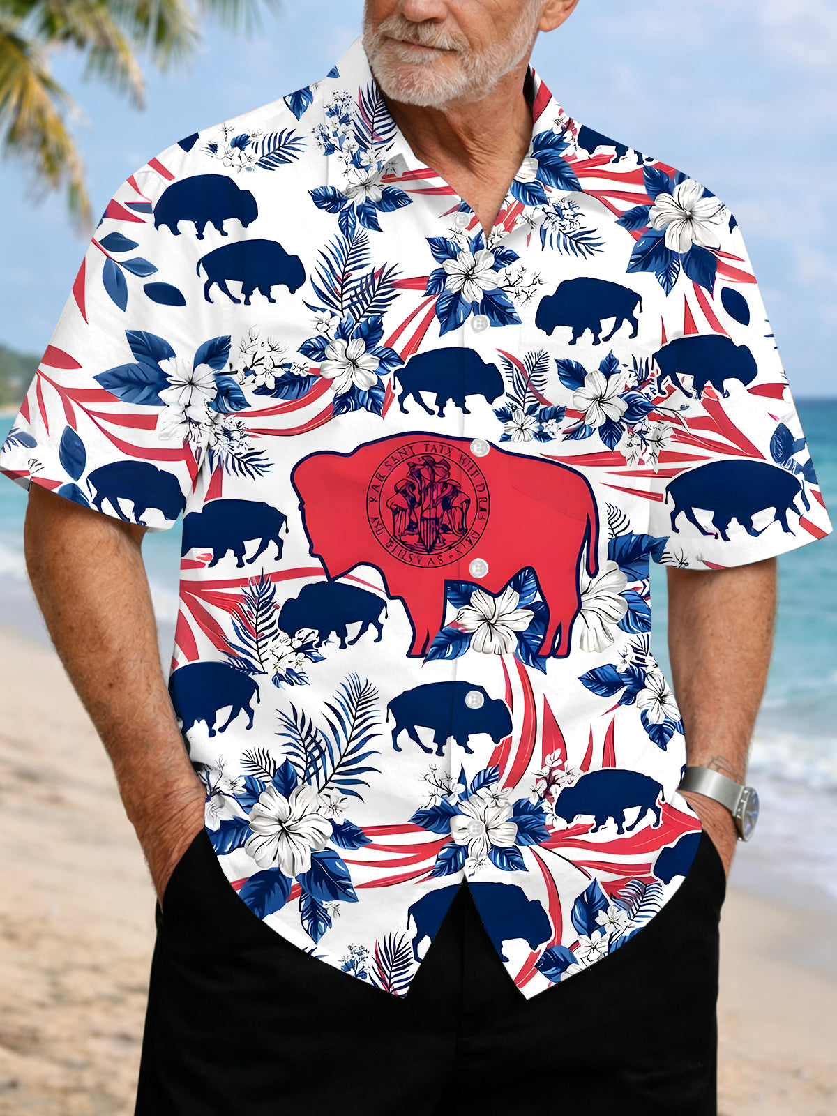 Wyoming State Flag Bull Floral Men's Pocket Short Sleeve Shirts