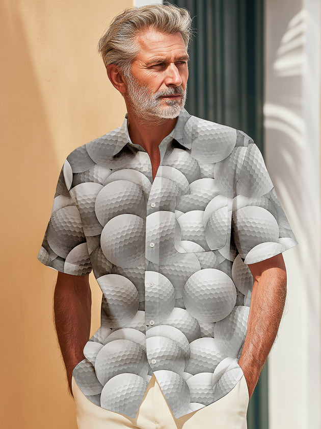 Men's blue golf print short sleeve shirt front view