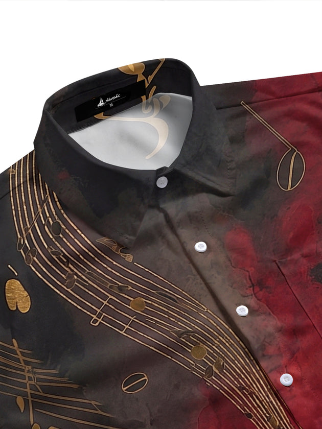 Adaychic Men's Acoustic Guitar Musical Note Graphic Print Short Sleeve Button Down Shirt with Chest Pocket