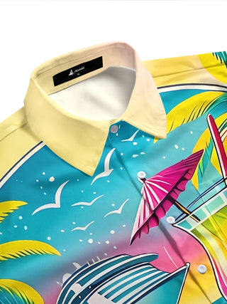 Adaychic Men's Hawaiian Tropical Cruise Ship Beach Scene Print Short Sleeve Button Down Shirt with Chest Pocket