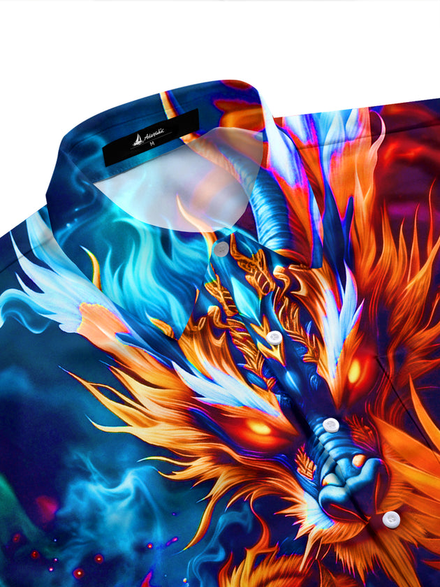 Adaychic Men's Graphic 3D Dragon Tiger Phoenix Turtle Print Short Sleeve Button Down Shirt with Chest Pocket