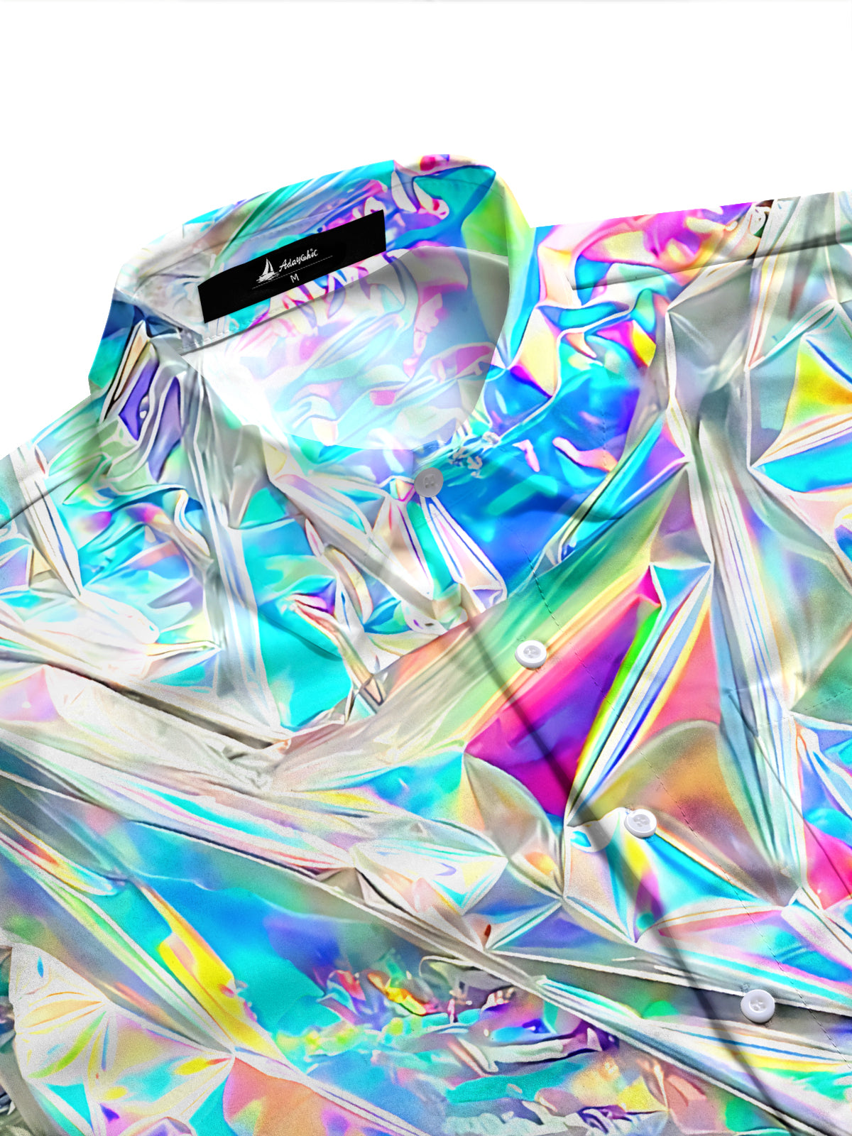 Adaychic Men's Graphic 3D Holographic Crinkled Foil Print Long Sleeve Button Down Shirt with Chest Pocket