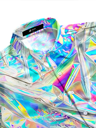 Adaychic Men's Graphic 3D Holographic Crinkled Foil Print Long Sleeve Button Down Shirt with Chest Pocket