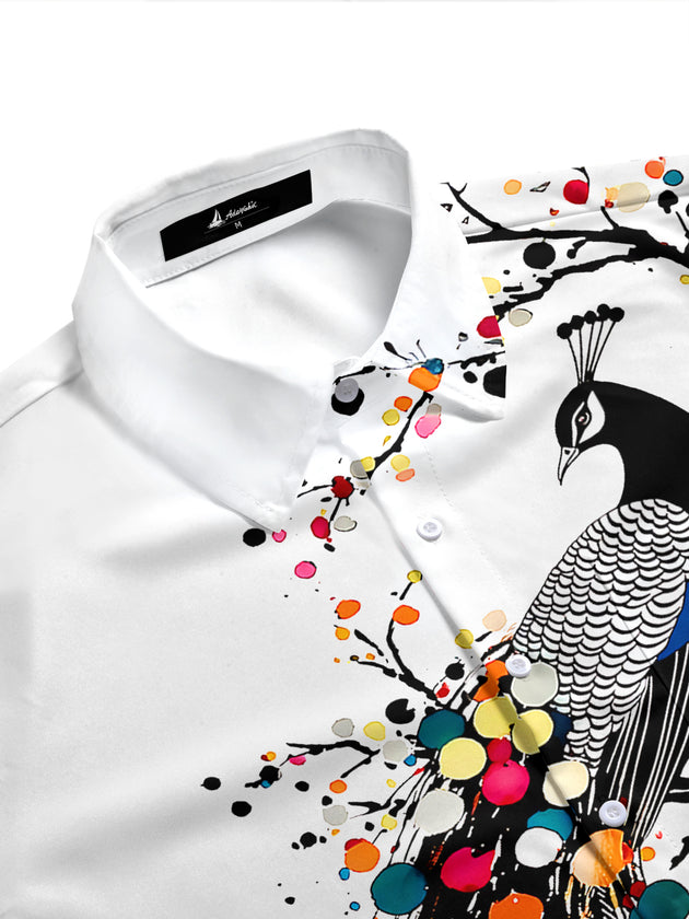 Adaychic Men's Printed Colorful Peacock Print Short Sleeve Shirt with Chest Pocket