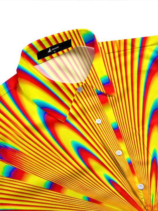 Adaychic Men's Graphic Abstract Psychedelic Radiating Line Print Short Sleeve Button Down Shirt with Chest Pocket