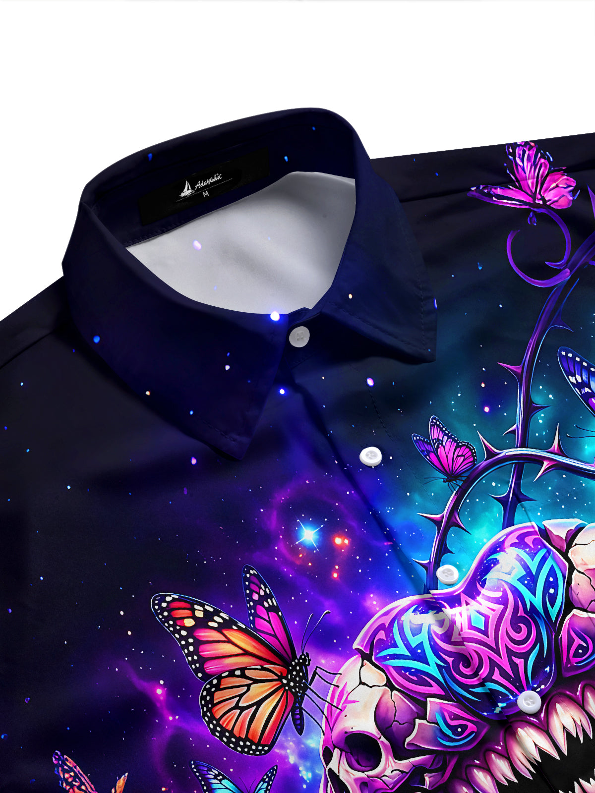 Adaychic Men's Graphic Skull Lips Print Butterflies Print Short Sleeve Shirt with Chest Pocket