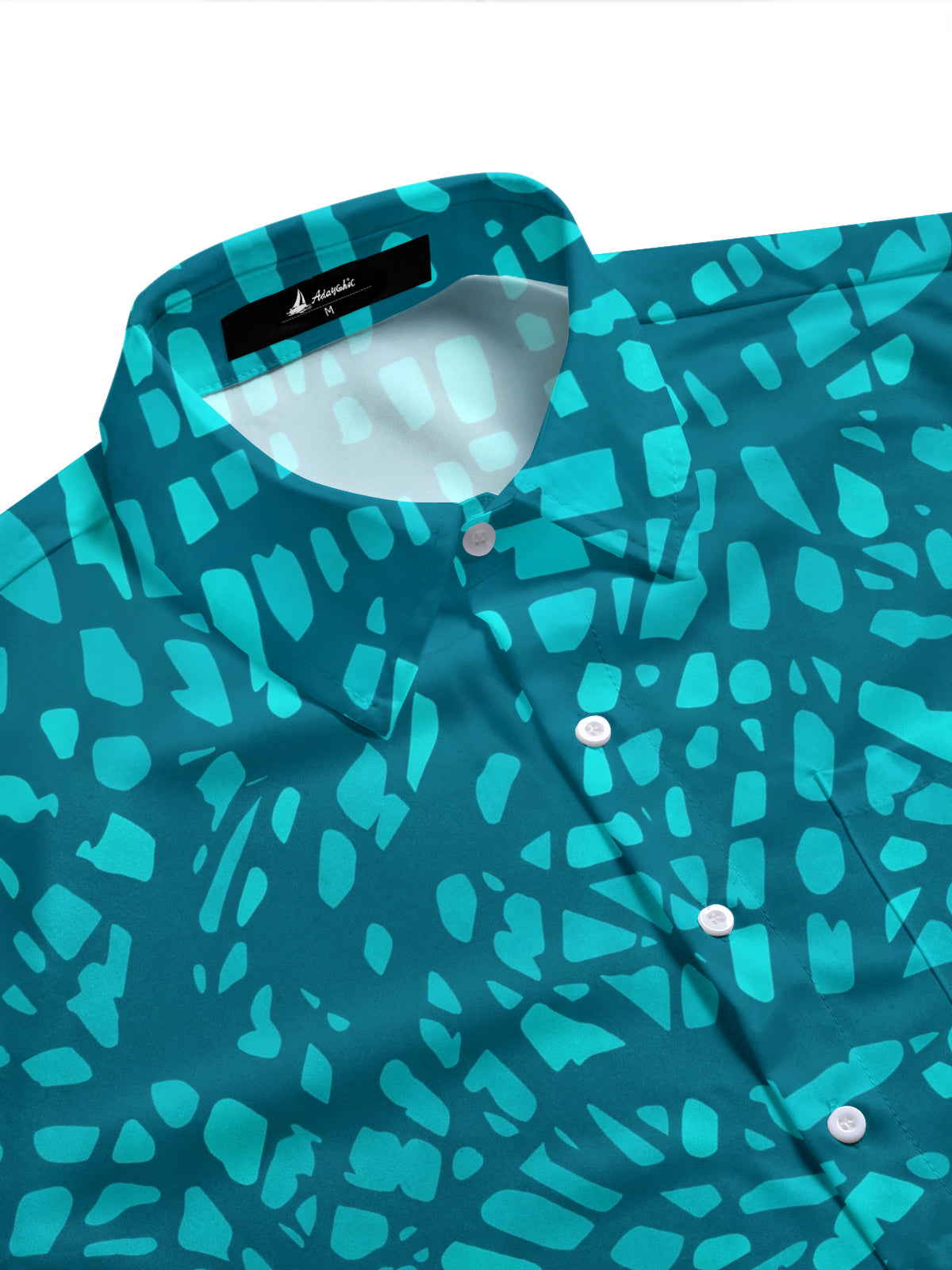 Adaychic Men's Teal Geometric Mosaic Print Short Sleeve Button Down Shirt with Chest Pocket